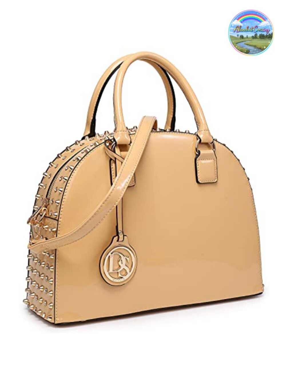 Faux Patent Leather Dome Satchel Structured Tote with Long Strap